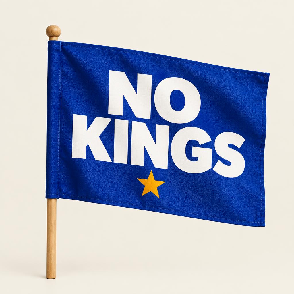 Concept mockup: royal blue flag on a wooden pole reading NO KINGS with a gold star
