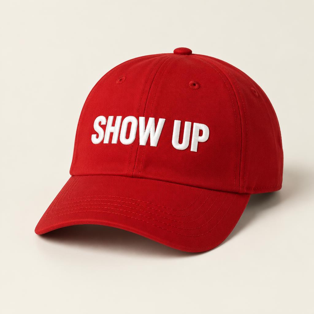 Concept mockup: red hat embroidered with SHOW UP in white